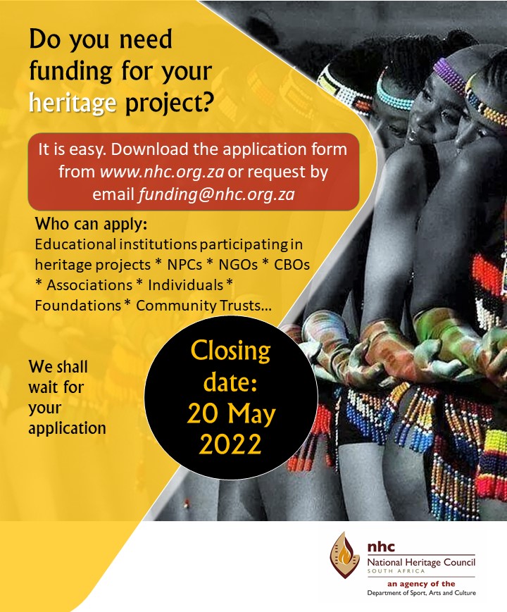 NHCSouthAfrica's tweet photo. Do you need funding for your Heritage project? 

The 2022 NHC Call for Funding Proposals is open. Click here for more information and to download the required forms:  https://t.co/vBFLZ6dZDn
#FundingForHeritage #HeritageProjects https://t.co/UFez0V7xaT