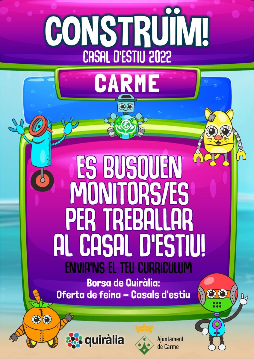 ajcarme's tweet photo. 🪁CASAL D'ESTIU🪁

Ja hem entrat a l'horari d'estiu, i amb el bon temps ja hem començat a preparar el Casal d'Estiu de Carme d'enguany. T'agradaria formar-ne part? Busquem monitors i monitores! 

Pots enviar el teu currículum a @Quiralius https://t.co/xLiqCccIAY! T'animes? https://t.co/d0GYpWeO2i