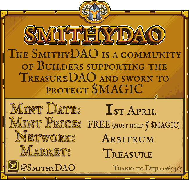SmithyDAO's tweet photo. With the mint date approaching, please share SmithyDAO's infographic as much as you can!

There are 25 whitelist spots up for grabs!⚔️

- Quote RT this post
- Post proof in discord channel:
 ✅｜infoshare-prooftwitter

We will pick 25 winners!

#Smithonia #SmithyDAO $MAGIC https://t.co/deVSpkqlw8