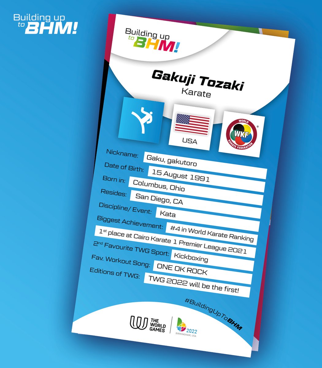 TheWorldGames's tweet photo. Gakuji Tozaki 🇺🇸 is this week's athlete Building up to Birmingham! 🤩 He has already qualified for The World Games 2022!
Do you have questions for him? Send them in the comments, and you'll get the answers later this week!
#BuildinguptoBHM #RoadtoBHM #TWG2022 #karate https://t.co/gyZyA9N7NE