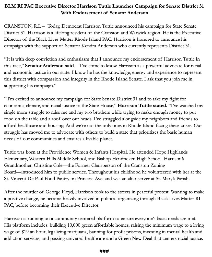 _HarrisonTuttle's tweet photo. I am so excited to announce my campaign for State Senate D-31 and honored to have the support of progressive champion, @KendraForRI. I have been truly inspired by Kendra’s lifelong fight for climate &amp; social justice. Her powerful voice in the Senate will be greatly missed. https://t.co/VzBLu6b5DE