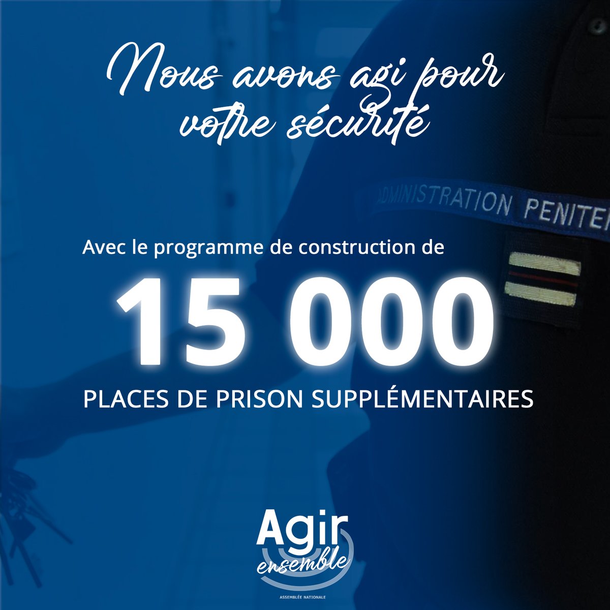 L’efficacité de la justice réside aussi dans la qualité de l’administration pénitentiaire.

Avec le plan 15 000 places, nous améliorons ainsi les conditions de travail des agents et la prise en charge des détenus en vue de leur réinsertion.