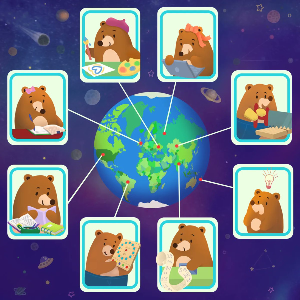 LearnWithMochi's tweet photo. Mochi Bear Team is from different parts of the world, including Ukraine and Russia, working together to bring amazing coding adventures to kids everywhere! Let's unite, support each other, strengthen friendships, and pray for world peace.
 #teamwork #peace #stopthewar https://t.co/HQ9e3fnX6L