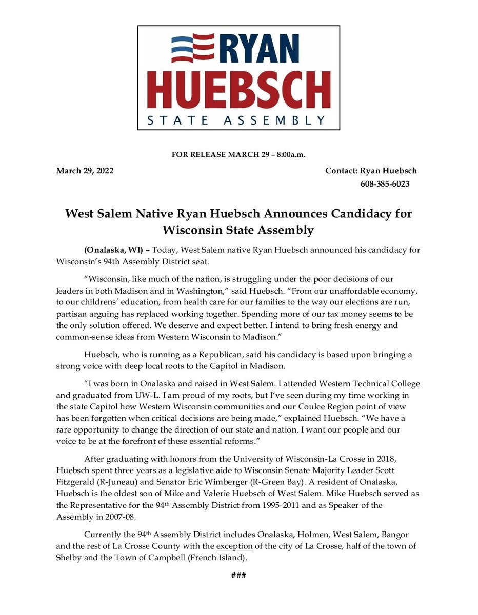 Today I announce my candidacy for the 94th Assembly District. I look forward to the chance to meet folks throughout the area to discuss the important issues of our state.

See my press release below.
