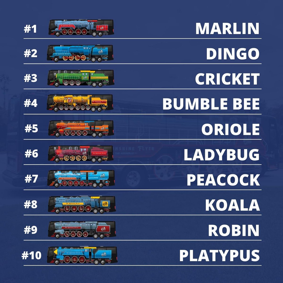 SunshineFlyer's tweet photo. We added TEN new buses to #TheSunshineFlyer fleet. Check out their names, voted on by our social media followers: https://t.co/RDrXVituyL