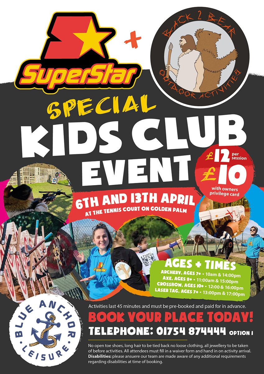 This Easter Back 2 Bear are with us for a special kids club.
Join Us on 6th &amp; 13th April for Archery, Laser Tag, Cross-Bow &amp; Axe Throwing.
Pre-booking is essential and can be done by calling 𝟬𝟭𝟳𝟱𝟰𝟴𝟳𝟰𝟰𝟰𝟰 𝗼𝗽𝘁𝟭.
Discount for Blue Anchor Leisure privilege card holders.