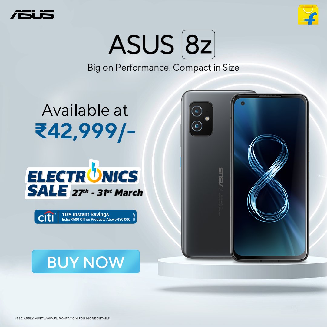 ASUSIndia's tweet photo. A no-compromise smartphone with superior performance in sleek and ergonomic design. Grab the #ASUS8z now only on @flipkart's #ElectronicsSale.
Head to @flipkart to buy now https://t.co/wSzidMEhQe
Get up to 10% off* on CITI Credit Cards.
*T&C Apply.
#BigOnPerformanceCompactInSize https://t.co/7QwNqgQJbf