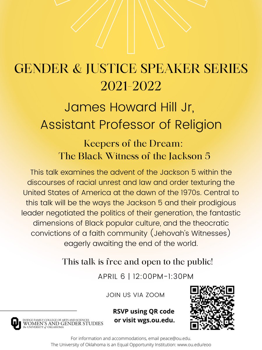 ouWGS's tweet photo. "Keepers of the Dream: The Black Witness of the Jackson 5"

The next Gender and Justice presentation will be given by James Hill, Assistant Professor of Religious Studies.

The talk will take place on April 6th at 12pm via Zoom. To register, visit https://t.co/UFYpXs8QAu. https://t.co/7GhOkfNRbt