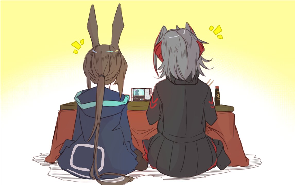 amiya (arknights) ,w (arknights) multiple girls 2girls rabbit ears animal ears table brown hair kotatsu  illustration images