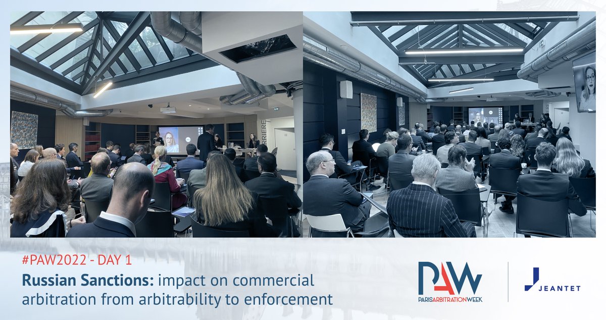 ArbitrationWeek's tweet photo. [#PAW2022] “Russian Sanctions: impact on #commercial #arbitration from #arbitrability to #enforcement” at @JeantetAvocats with @BaltagCrina, @DavidLasfargue, Niamh Leinwather, Evgeniya Rubinina and Jacques-Alexandre Genet and moderated by Ioana Knoll-Tudor. https://t.co/YYsIr5ExgW