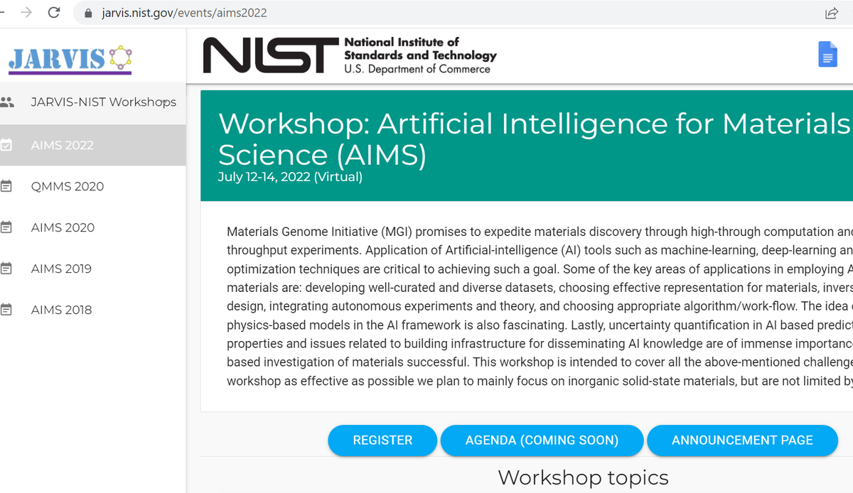 Please register for the 3rd Artificial Intelligence for Materials Science (AIMS) 2022 Workshop, NIST (Virtual). jarvis.nist.gov/events/aims2022
There is no registration fee for this event, but all attendees must be pre-registered. #artificialintelligence  #aims2022  #jarvisnist #nist #ai
