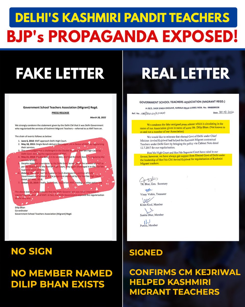 AAPDelhi's tweet photo. Kashmiri Pandit Teachers expose BJP's Fake Letter Propaganda! https://t.co/GFJfEXDuLQ