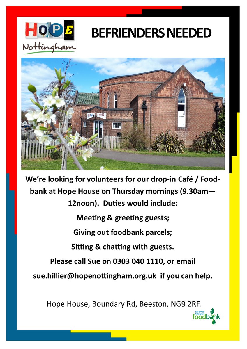 Do you have a few hours spare on a Thursday morning and wondered how you can fill that time slot? See poster for more details 😊 #volunteeropportunities #volunteersmakeadifference #community #HopeNottingham #Beeston #Nottinghamshire