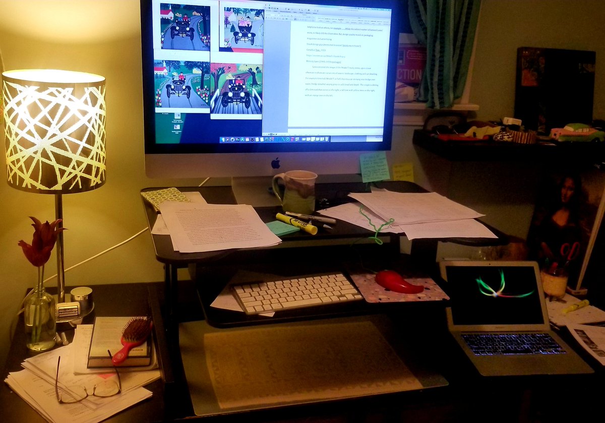 artofmaudlewis's tweet photo. As my book on #maudlewis is slated to be released @nimbuspub next week, I'm reflecting on the #amwriting process. Here a snapshot of a late night edit of the #modeltford section. A still life of my writing desk..notes askew, hairbrush, lipbalm, a laptop and tea to the side. https://t.co/LCs5mgEzsx
