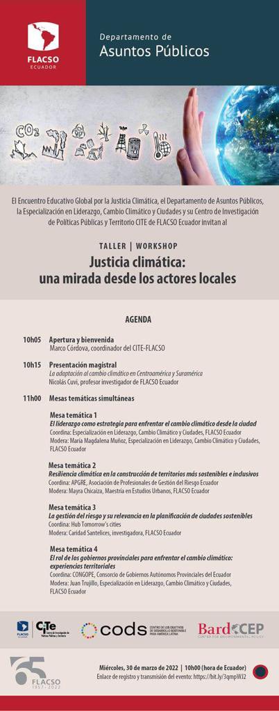 AsoGdR_Ec's tweet photo. La #APGRE coordinará la Mesa 2 del Workshop sobre Justicia Climática: “Una mirada desde los actores locales”, con el tema ‘Resiliencia climática en la construcción de territorios más sostenibles e inclusivos’.
🗓30 de marzo 2022
🕙10h00
💻Inscríbete en: https://t.co/WeWp41srC7 https://t.co/fIyvhbKenE
