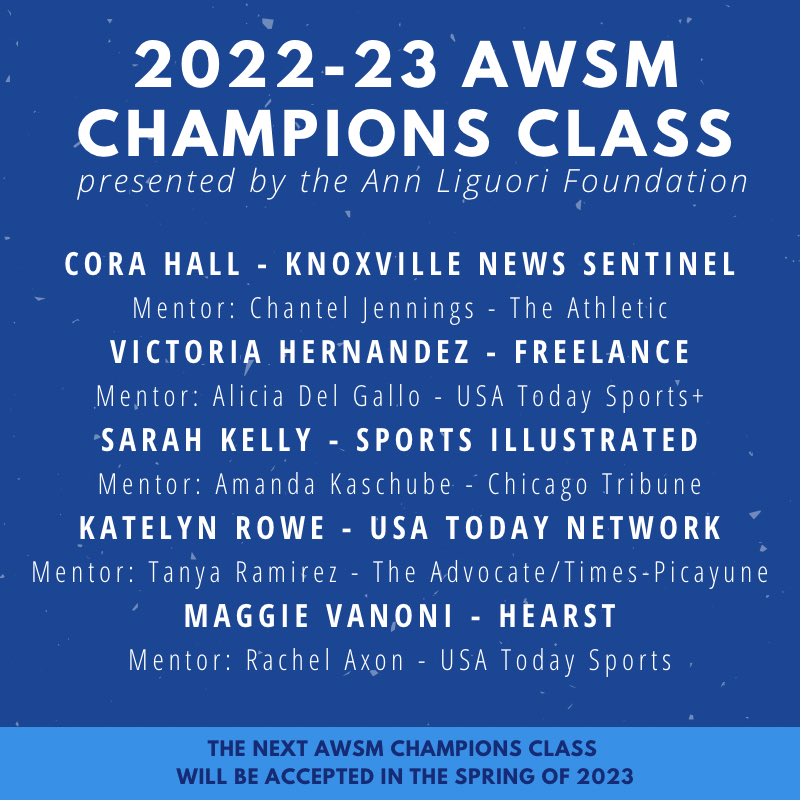 AWSM_SportMedia's tweet photo. Introducing our 2022-23 #AWSM Champions mentorship class featuring @corahalll @LadyViii @thesarahkelly @Katelyn_Rowe_ &amp; @maggie_vanoni.

Thank you this year's mentors @ChantelJennings @OSAliciaD @amandakaschube @tanitaMXTX &amp; @RachelAxon.

https://t.co/jBXDuwvmpQ https://t.co/kuWd5mK9f1