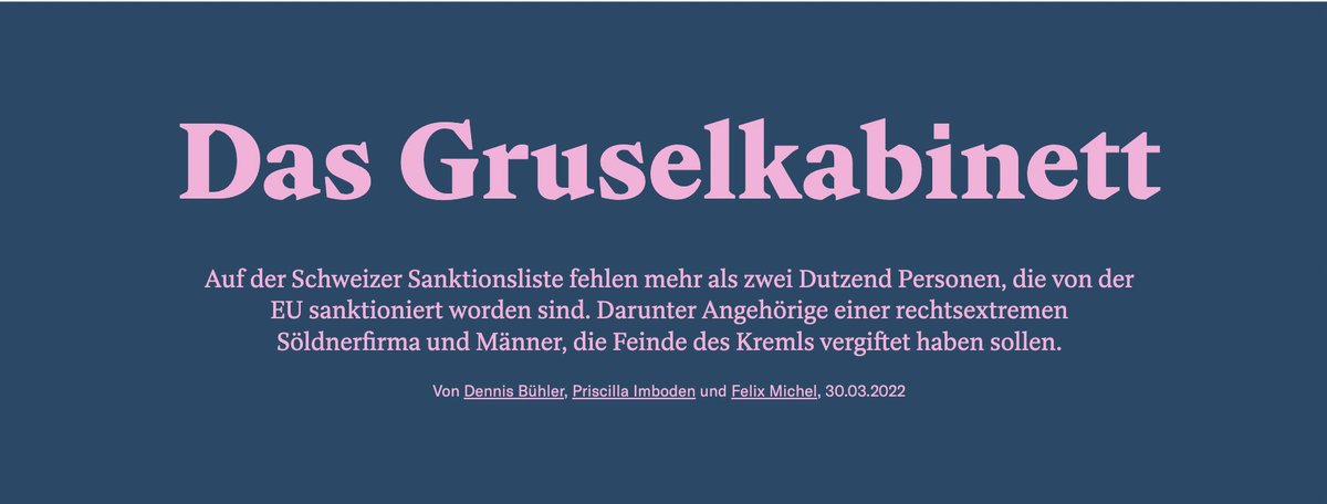 «Das Gruselkabinett»: Obwohl der Bund das Gegenteil behauptet, fehlen auf der Schweizer Sanktionsliste mehr als zwei Dutzend von der EU sanktionierte Russen. Darunter (mutmassliche) Kriegsverbrecher, Hacker, Gift-Agenten + Cyberkriminelle.

Morgen Mittwoch im <a href="/RepublikMagazin/">Republik</a>.