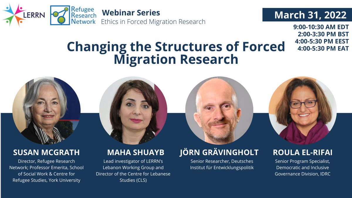 Honoured to discuss with the fantastic @Lerrning and @RefugeeResearch partners this Thursday (3:00 PM CEST, 9:00 AM EDT) how to change the structure of forced migration research globally. @IDRC_CRDI @FFVT_Project @DIE_GDI