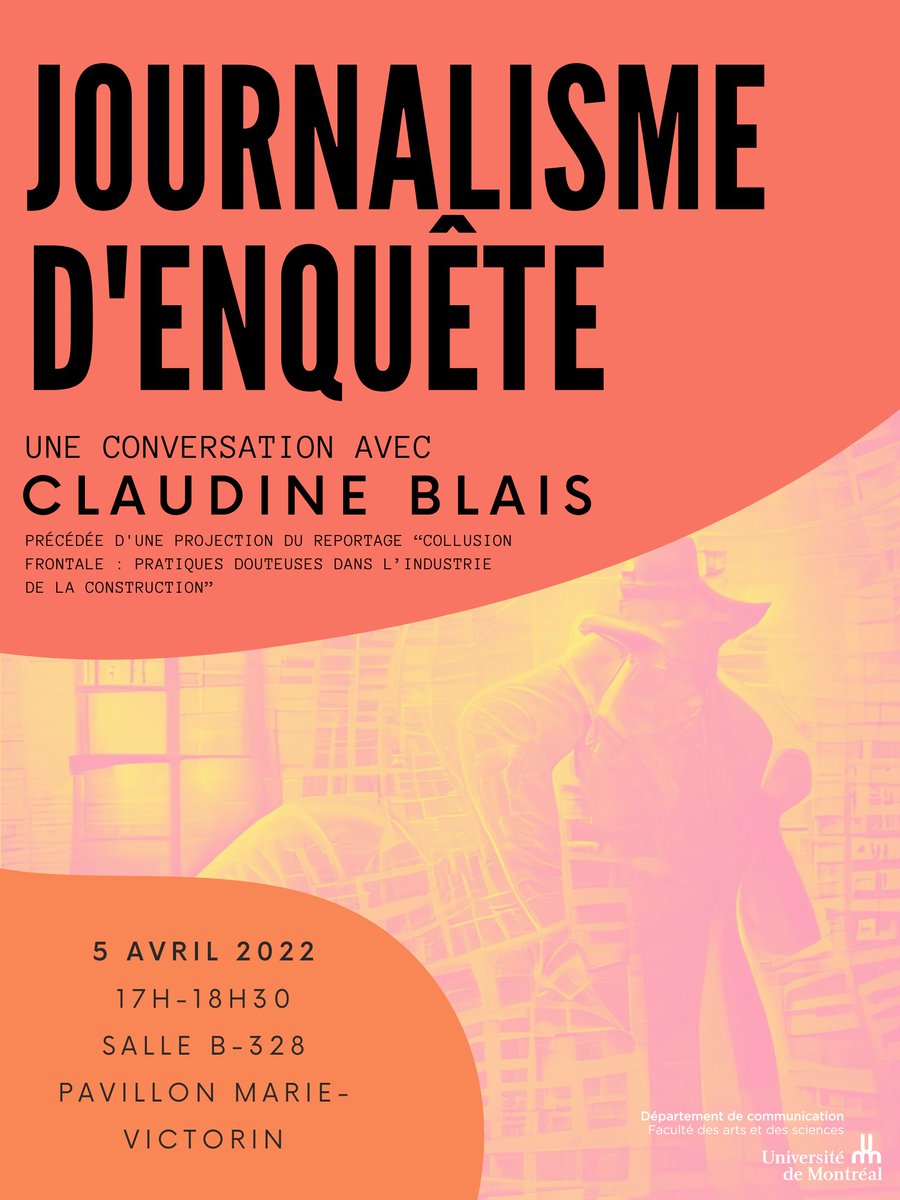 Le 5 avril, nous mettons le journalisme d'enquête à l'honneur! Rejoignez-nous pour la projection du documentaire “Collusion frontale : pratiques douteuses dans l’industrie de la construction”, suivie d'une conversation avec sa réalisatrice @blais_claudine  eventbrite.com/e/journalisme-…
