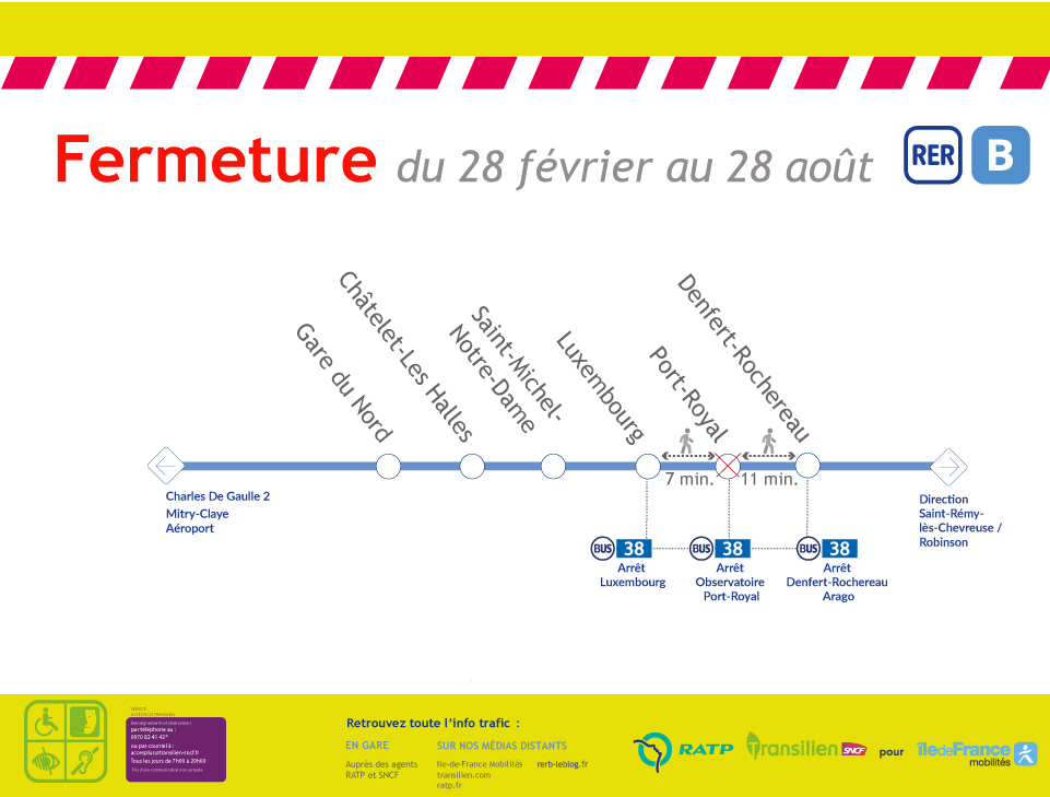 [RAPPEL 🚧] Jusqu'au 28 août inclus, la gare de Port-Royal est fermée en raison d’importants travaux. Les trains ne marquent pas l’arrêt dans cette gare, dans les deux sens de circulation. #RERB