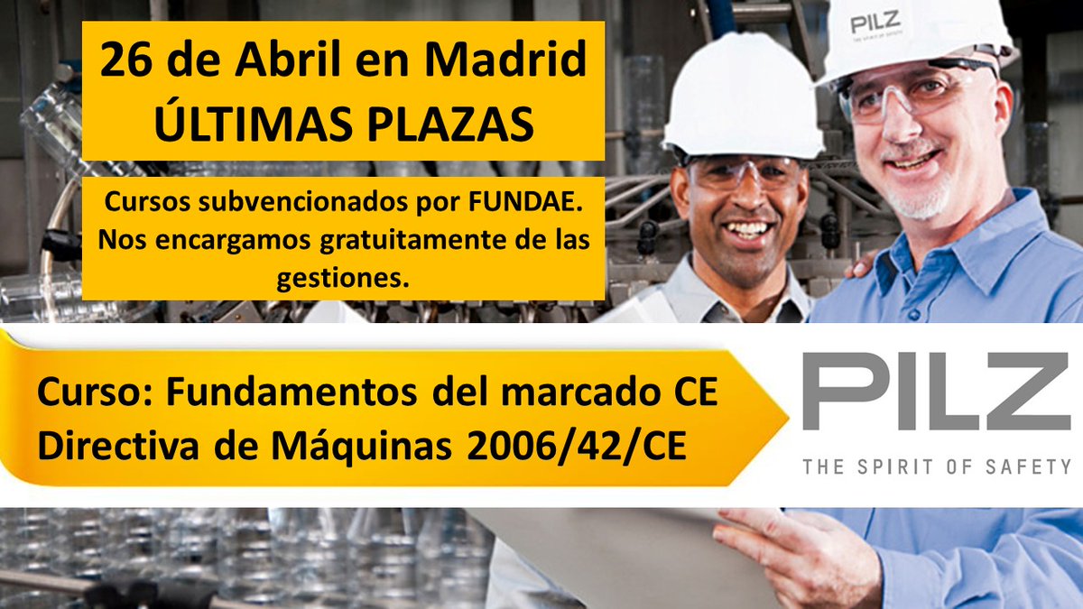 VicenteSuMar's tweet photo. ÚLTIMAS PLAZAS curso de Fundamentos del marcado CE y Directiva de Máquinas 2006/42/CE el próximo 26 de Abril en Madrid por @Pilz_ES_PT
 +info e inscripción: https://t.co/8HCEplm91F https://t.co/ilIu8t0HYI