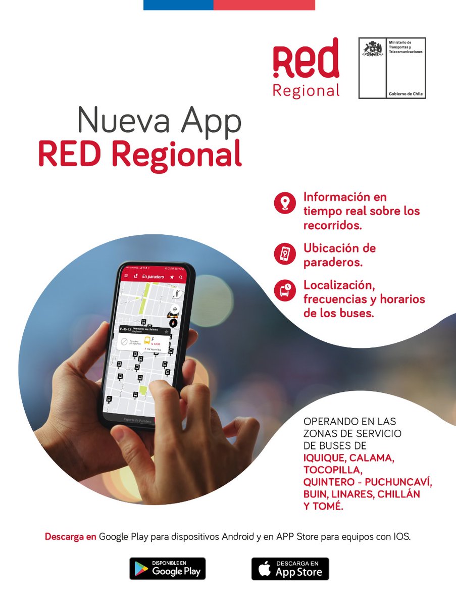 ¿Quieres saber cuándo llega tu bus? o ¿Cuál es el paradero más cercano?🤔Descarga #RedRegional, la app del <a href="/MTTChile/">Ministerio de Transportes y Telecomunicaciones</a> que te permite planificar mejor tus viajes. Disponible en Google Play shorturl.at/bxRX4 y App Store shorturl.at/dgvQT
