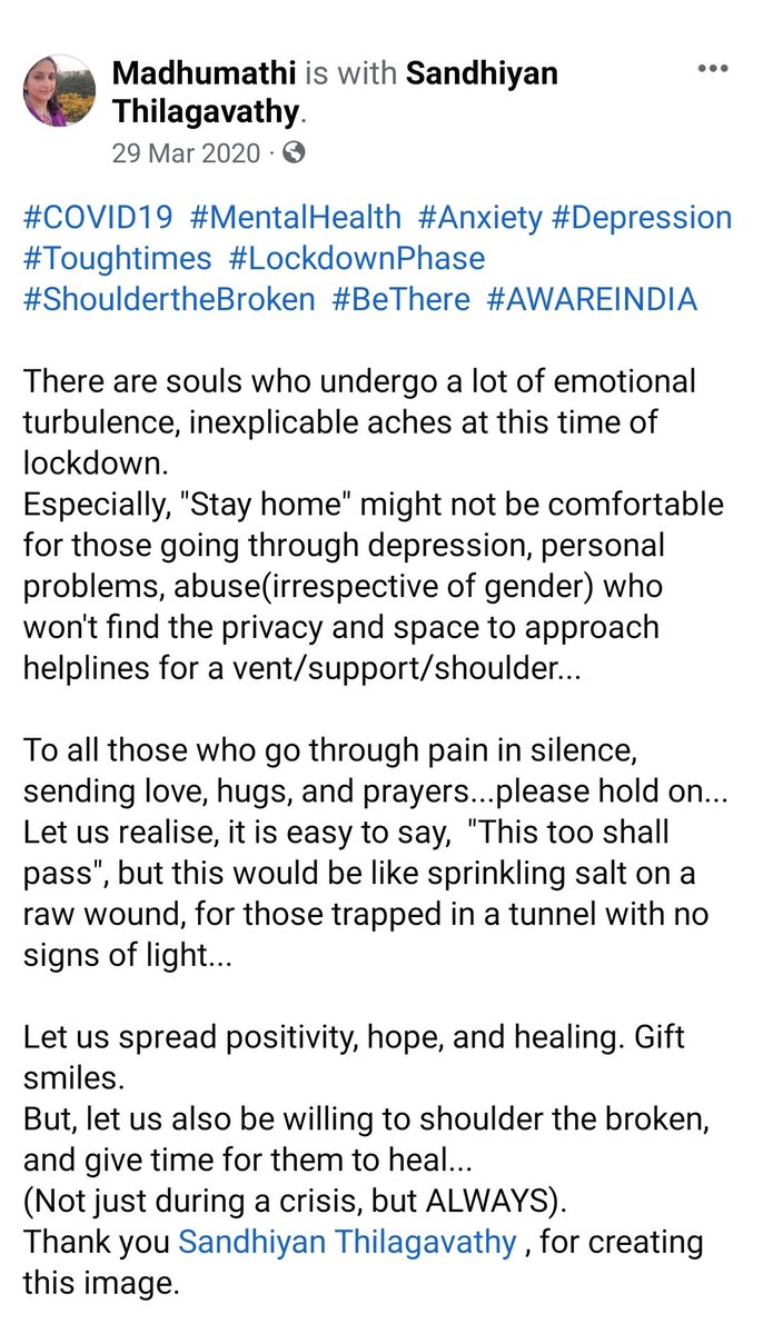 Madhumathi_Inks's tweet photo. https://t.co/c4UpCvDCVZ
👆🏾
An awareness video. I felt I was a chosen instrument to be a bold voice. Invented 3 characters, wrote an informal conversation. Shot.
Some memories, lead to more fulfilling memories.
"I shall not live in vain..."
#depression #MentalHealth #AWAREIndia https://t.co/n2oRl8Qqly