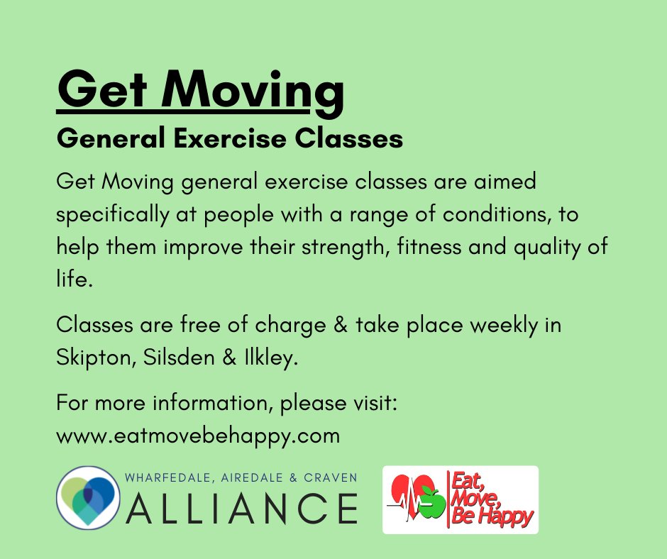 Get Moving - General Exercise Classes

Get Moving general exercise classes are aimed specifically at people with a range of conditions, to help them improve their strength, fitness and quality of life.

For more information, please visit: eatmovebehappy.com
