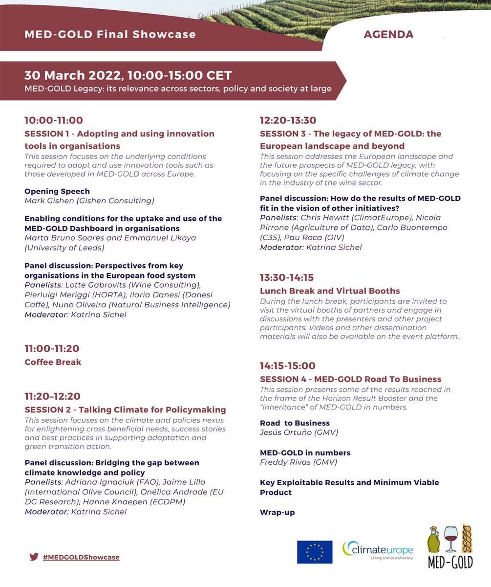 Thanks to all speakers and participants. 
The day 1 of the #MEDGOLDShowcase was intense and very interesting
See you tomorrow on the second day.
more information: med-gold.eu/event/med-gold…