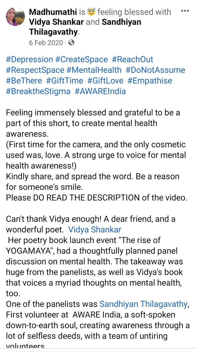 Madhumathi_Inks's tweet photo. https://t.co/c4UpCvDCVZ
👆🏾
An awareness video. I felt I was a chosen instrument to be a bold voice. Invented 3 characters, wrote an informal conversation. Shot.
Some memories, lead to more fulfilling memories.
"I shall not live in vain..."
#depression #MentalHealth #AWAREIndia https://t.co/n2oRl8Qqly