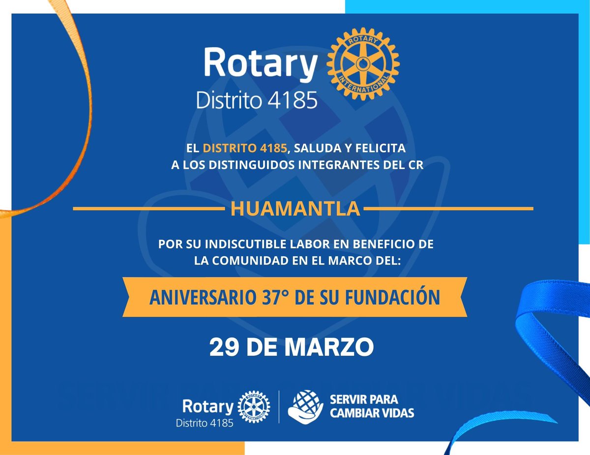 ip_rotary4185's tweet photo. 🌟 Con mucho afecto enviamos nuestras felicitaciones al Club Rotario Huamantla quien celebra el 37º Aniversario de su fundación.
¡Nuestros mejores deseos! 🤗🥳
#Rotary #Distrito4185 #aniversario #Huamantla https://t.co/o7n6R2p1aL
