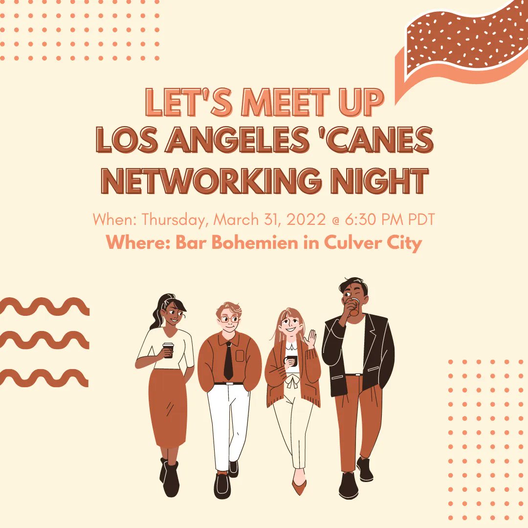 umlacanes's tweet photo. Last Call: Join us this Thursday, March 31, 2022 @ 6:30 PM PDT for Los Angeles 'Canes NETWORKING NIGHT

Where: Bar Bohemien in Culver City
Hope to see []_[] there! 🙌

Note: Per rules of local establishment, masks are required.
⠀⠀
#LACanes #LosAngelesCanes #GoLACanes https://t.co/MOysBYbWhC