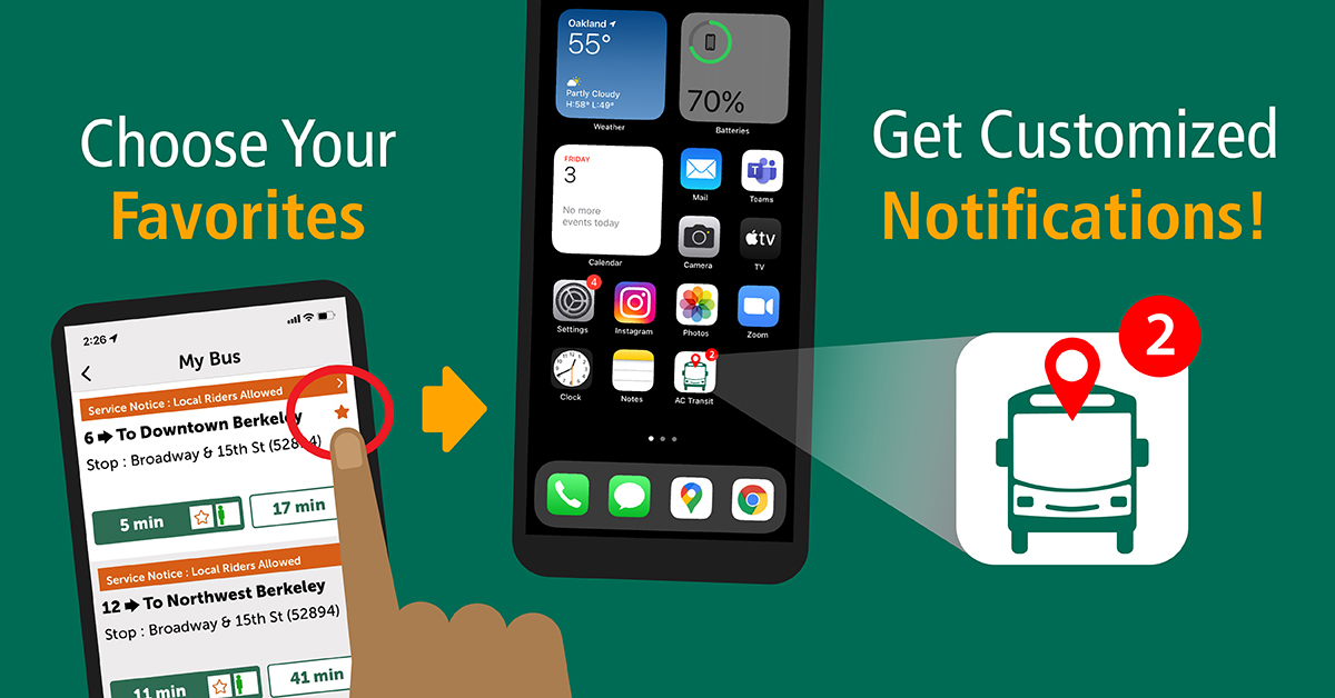 rideact's tweet photo. Get the newest update of our app! Download the AC Transit Official App in the App Store or on Google Play!
You get:
✳️Instant service notifications on your bookmarked lines 
✳️ACT RealTime bus status 
✳️Access to our Customer Service

More: https://t.co/Pk2A3UgGBo

#ACTransitApp https://t.co/fhne6gs909