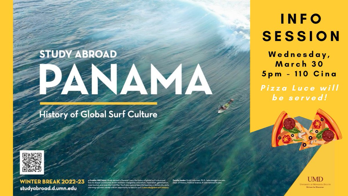 UMDstudyabroad's tweet photo. Don't forget to stop in and learn about our Faculty-led Panama: Global History of Surf Culture program, there will be pizza from Pizza Luce! You won't want to miss it!✈️

Wednesday, March 30, at 5:00 p.m. in 110 Cina Hall https://t.co/tGZdQEJnZk