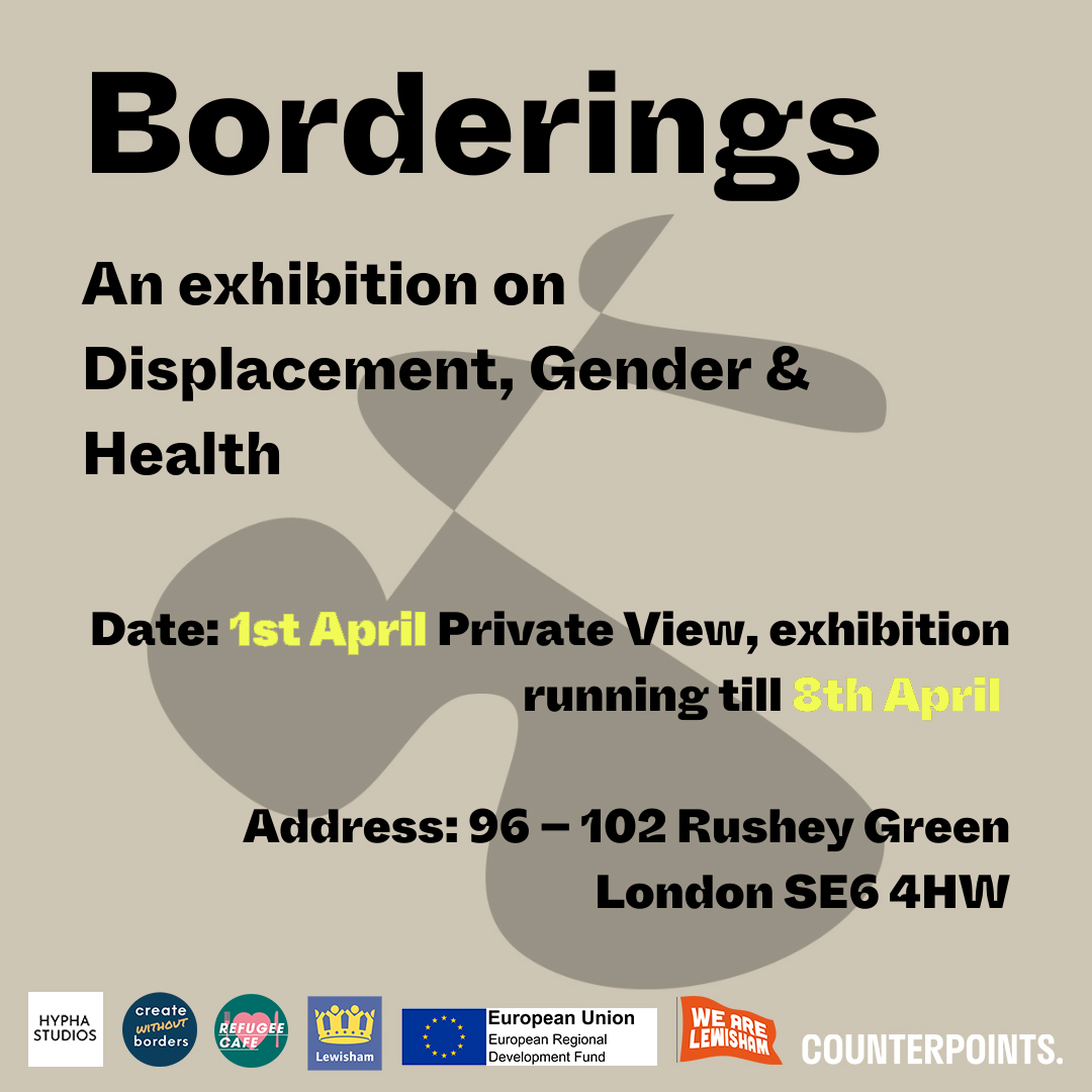 RefugeeCafe's tweet image. On April 1, we&apos;re excited to cater for the launch of &apos;Borderings: An exhibition on Displacement, Gender &amp;amp; Health&apos; exhibition, featuring 7 original artworks by migrant&amp;amp;refugee artists. 

Book tickets for private viewing via eventbrite.co.uk/e/borderings-t…
@CreateWOBorders @LewishamCouncil