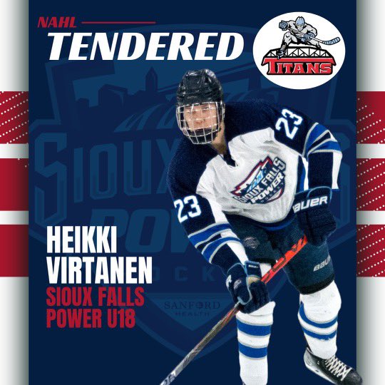 SiouxFallsPower's tweet photo. Tender alert: Heikki Virtanen of Pori, Finland, has signed a NAHL tender with the New Jersey Titans. 
Virtanen, in his second season with Sioux Falls Power 18U team, currently has 21 goals and 17 assists in 49 GP. 

Congratulations Heikki!
#WeWork #POWERhouse #sanford https://t.co/JkT34iq4jy