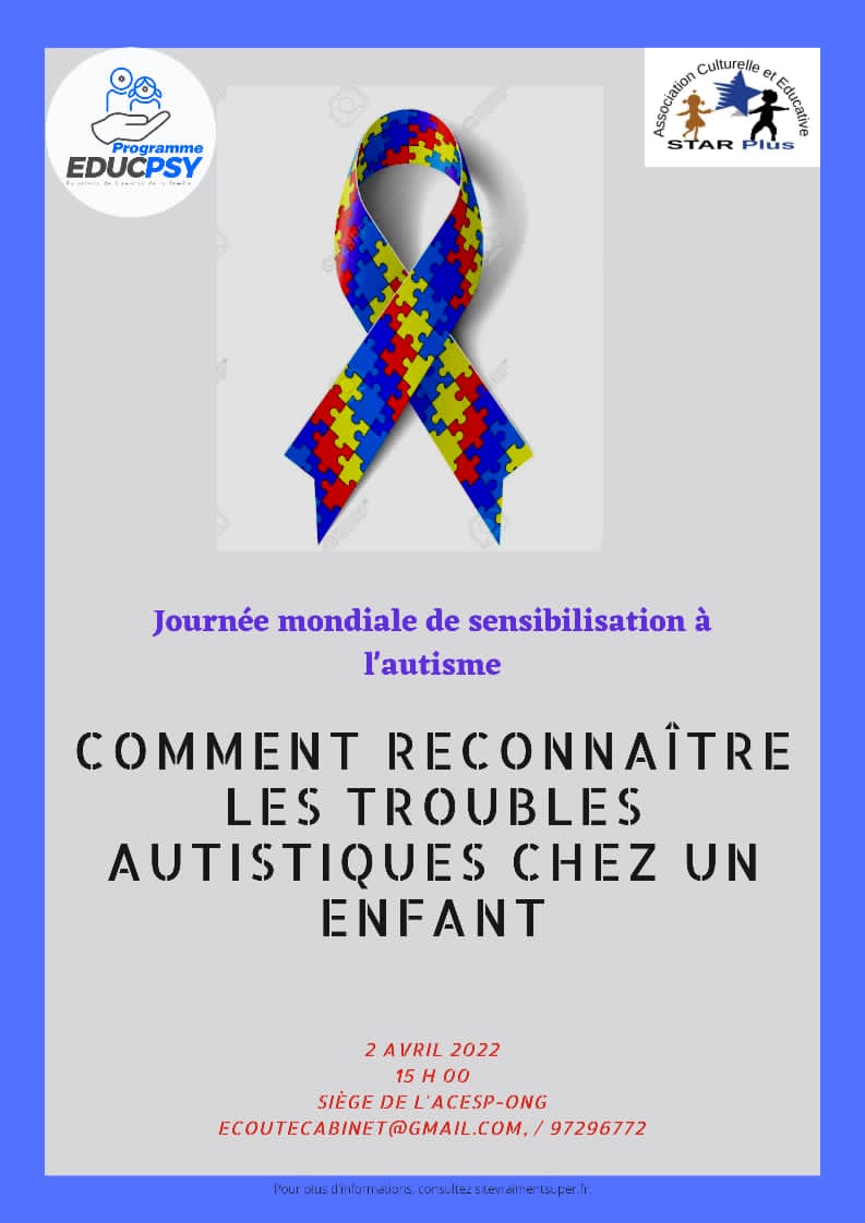Participe à cette rencontre d'échange pour comprendre plus sur les troubles du spectre autistiques. Rendez vous ce samedi à 15h au siège de l'ACESP-ONG