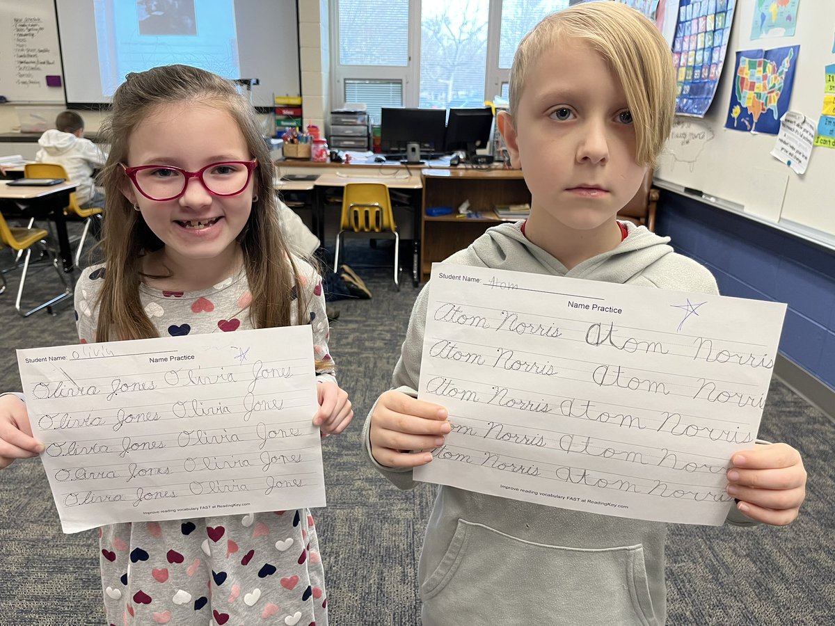 2ndwithMrsZ's tweet photo. I know I brag on these awesome kids a lot but SERIOUSLY check out this cursive handwriting!  Presley surprised me this morning by writing her knowledge response completely on her own, our knock knock jokes were unreal, and look at those signatures!! ❤️ @ConverseElem https://t.co/rpMs5EkFia