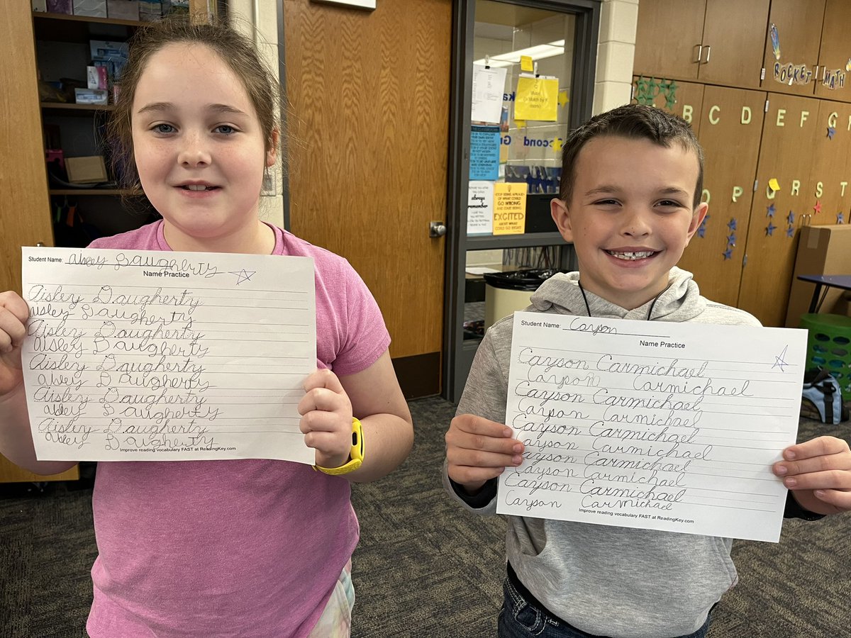 2ndwithMrsZ's tweet photo. I know I brag on these awesome kids a lot but SERIOUSLY check out this cursive handwriting!  Presley surprised me this morning by writing her knowledge response completely on her own, our knock knock jokes were unreal, and look at those signatures!! ❤️ @ConverseElem https://t.co/rpMs5EkFia