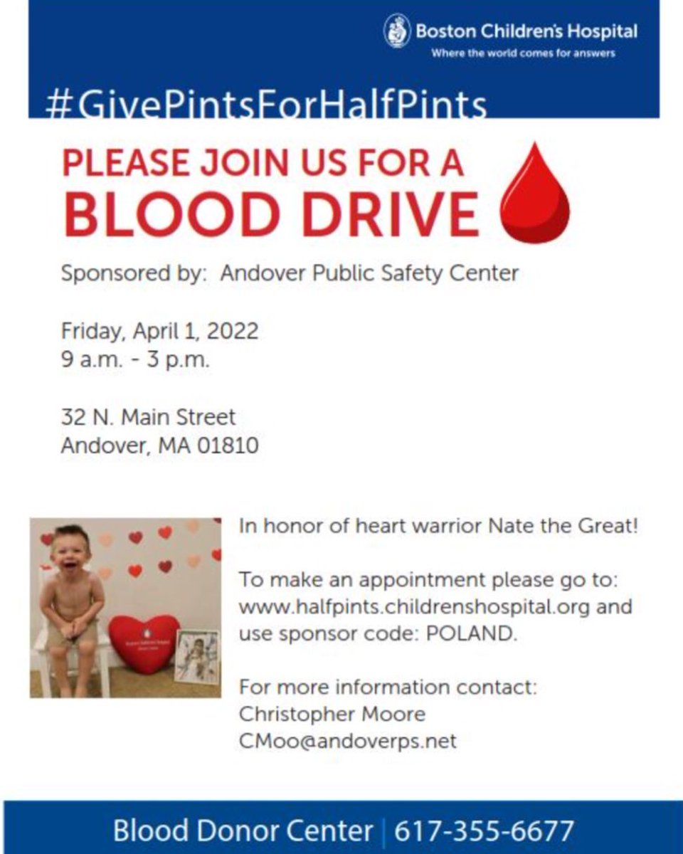 AndoverMassPD's tweet photo. There's still time to sign up and #GivePintsForHalfPints at the #Andover Public Safety Center. Please join us this Friday, April 1st, and give the gift of life! There are still spots available after lunch. @BostonChildrens https://t.co/XZSqRczcGi