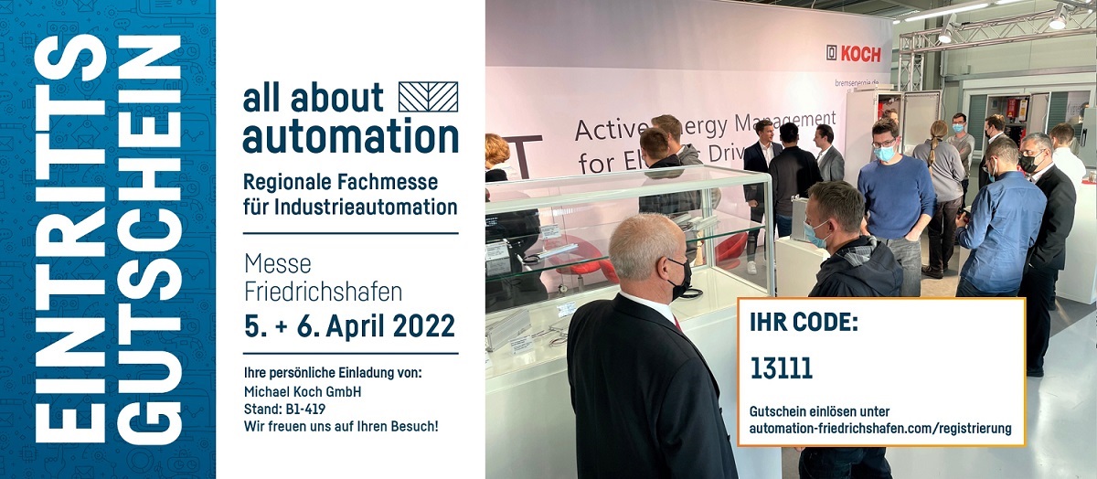 GmbKoch's tweet photo. Once again - We'll be there, at the all about automation fair in Friedrichshafen from April 5th to 6th. You will find us at booth B1-419. We look forward to your visit! Get a free admission voucher now at https://t.co/oVN2uLH5Lu - with code 13111. More:  https://t.co/mO651Y85WJ https://t.co/DlMA8iWznW