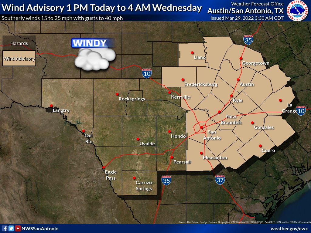 🚩RED FLAG WARNING 🚩
TUE MARCH 29 10AM-8PM
🔥HIGH FIRE DANGER

💨 WIND ADVISORY 1PM-4AM

Burn ban remains in effect.

⚡️Be cautious with any activity that causes a spark!
☎️ Call 911 immediately if a wildfire is spotted! A quick response can save lives &amp; property.
#txwx #atxwx