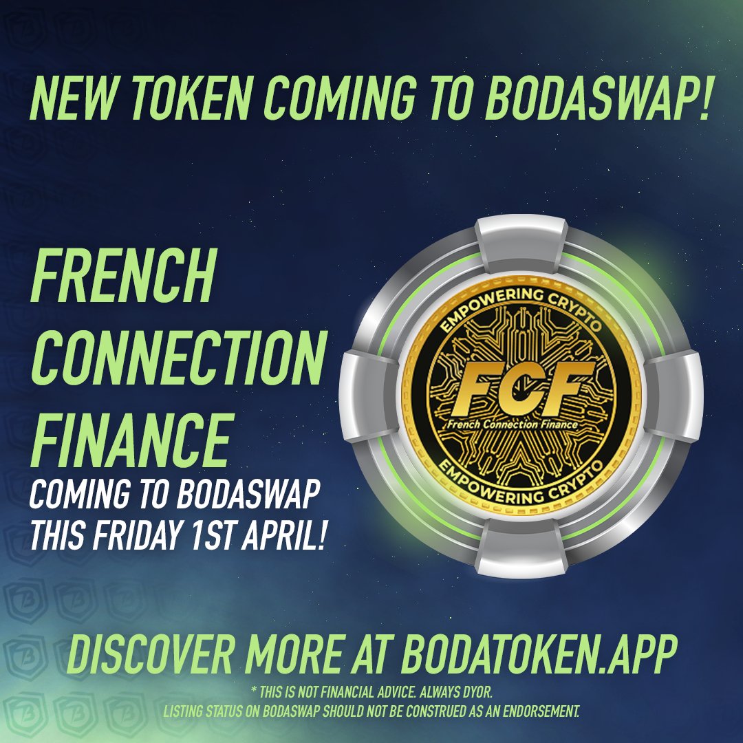 We are excited to be listing @FCF_Bsc this Friday on #BodaSwap! 

#FCF is a revenue-sharing token reward in #BNB, with their own FCF Payment App bridging crypto and e-commerce! 

Learn more about FCF here - frenchconnection.finance

#BSCGems #BODAV2 #altcoin