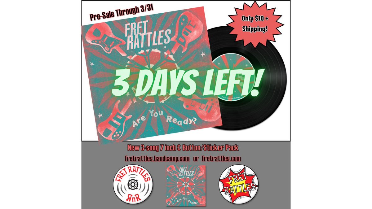 Only 3 days left to pre-order our new "Are You Ready?" EP with bonus button/sticker pack and entry into our prize drawing!! 
Order at Bandcamp here:
fretrattles.bandcamp.com/album/are-you-…