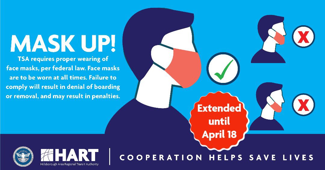 GoHART's tweet photo. CUSTOMER ALERT: The @TSA has extended its π· mandate for all public transportation passengers and employees until at least April 18, 2022.
Left your mask at home? Ask your operator for one upon boarding. #MaskUpFL https://t.co/l3bwr0YDu9