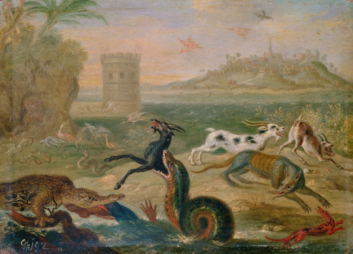 PublicDomainRev's tweet photo. In these bewildering landscapes (ca. 1689) by Ferdinand van Kessel, 64 cities across 4 continents are depicted as mere backdrops to the antics of animals — the built environment of the human world almost superfluous. More here: https://t.co/svAwaCsMK9 https://t.co/NCQ8MzPOYt