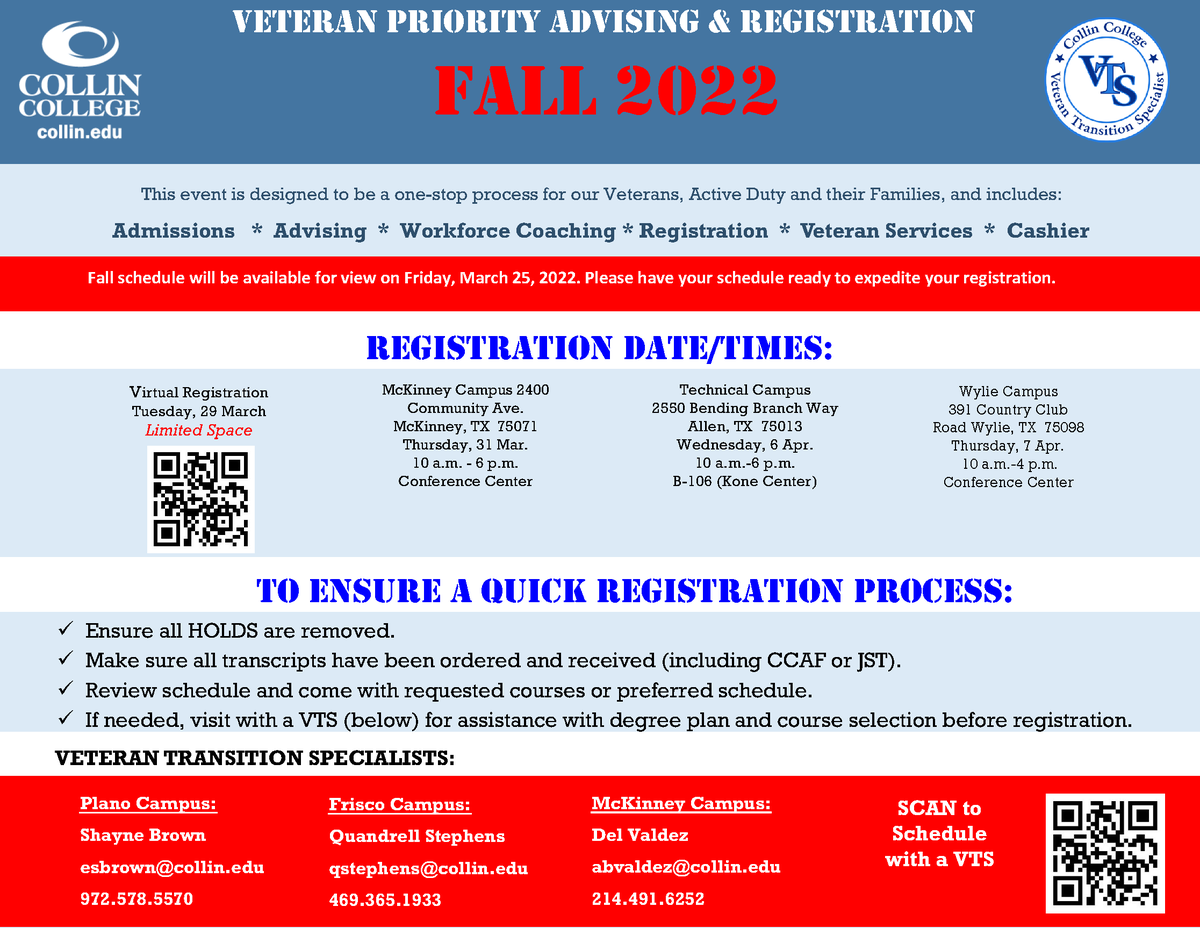 CollinCenter's tweet photo. Day 1 of Veterans Priority Registration for Fall 2022 starts today! 🍂
Not to worry about going to a certain campus as it will be online registration but spots are filling up so plan accordingly. 
Scan the QR code to make an appt.
#collincollege #Veterans  #veteranregistration https://t.co/0KwPtGzO8O