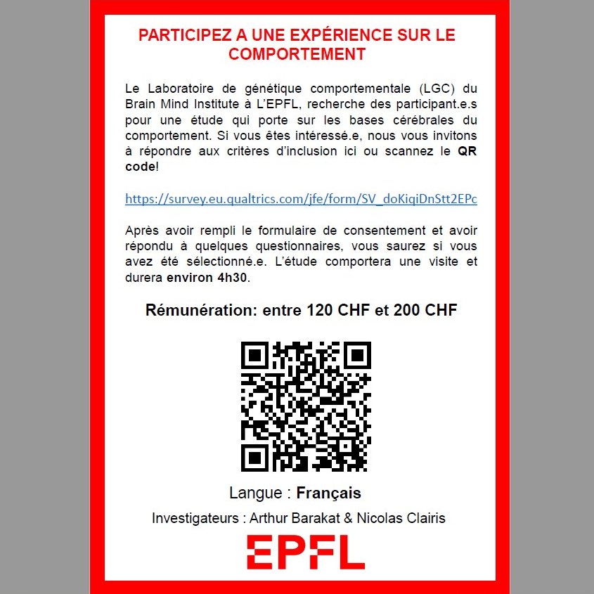 StressnetworkC's tweet photo. 🚨Urgent 🚨 A toute personne dans la région lausannoise: le Laboratoire de génétique comportementale de l'EPFL cherche des participants pour une étude sur les bases cérébrales du comportement. Rémunération entre 120 et 200 CHF. Si vous êtes intéressé.e.s: ⬇️
RT please! https://t.co/pynbXuxpmI