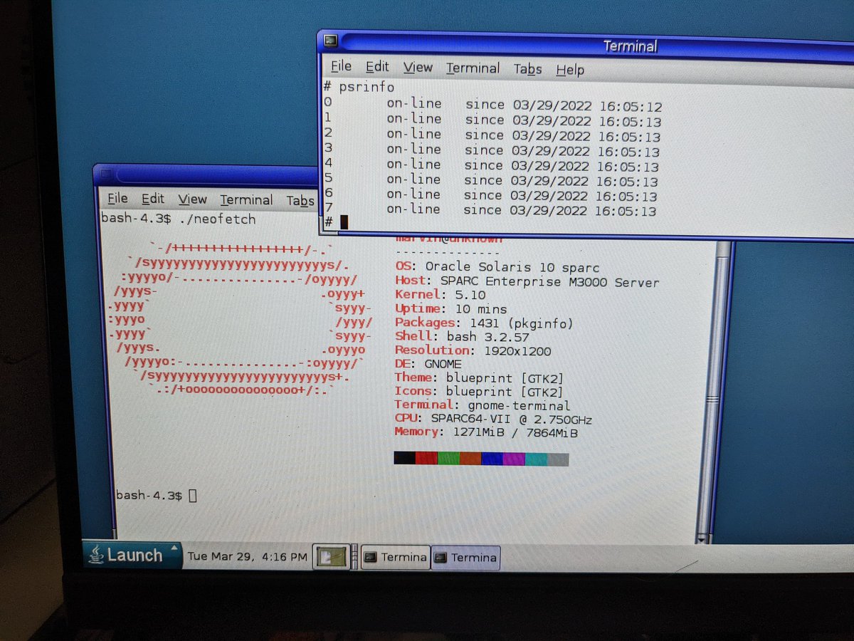 My 2.75GHz 4 core/8 threads Solaris 10 sun4u (non-Niagara) desktop system is up and running!