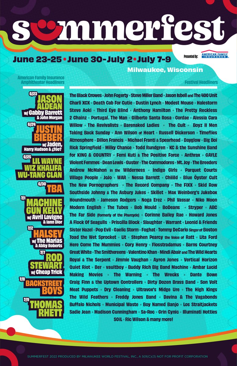 RollingStone's tweet photo. Justin Bieber, Halsey, Machine Gun Kelly, and Backstreet Boys are among the more than 100 headliners tapped for the 2022 iteration of @Summerfest. See the full lineup: https://t.co/hOWqSHm3GB https://t.co/SF7jdeGdin